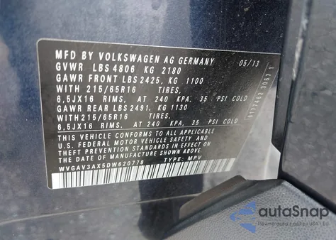 2013 Volkswagen Tiguan S z USA, uszkodzony, nr VIN WVGAV3AX5DW620778